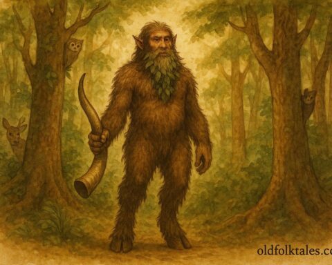 Parchment-style illustration of Papa Bois guarding the Trinidad forest, with deer and wildlife around him.