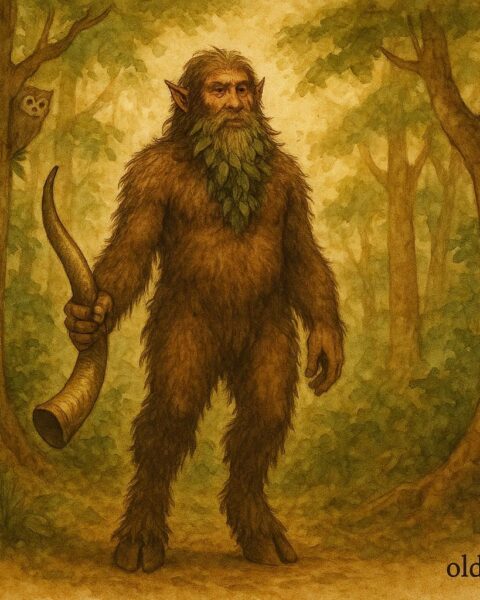 Parchment-style illustration of Papa Bois guarding the Trinidad forest, with deer and wildlife around him.