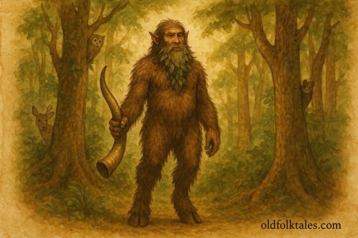 Parchment-style illustration of Papa Bois guarding the Trinidad forest, with deer and wildlife around him.