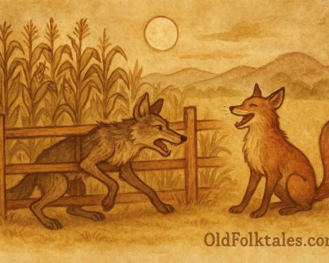 Parchment-style artwork of a coyote trapped in a cornfield while a fox laughs nearby, Guatemalan Mayan folktale.