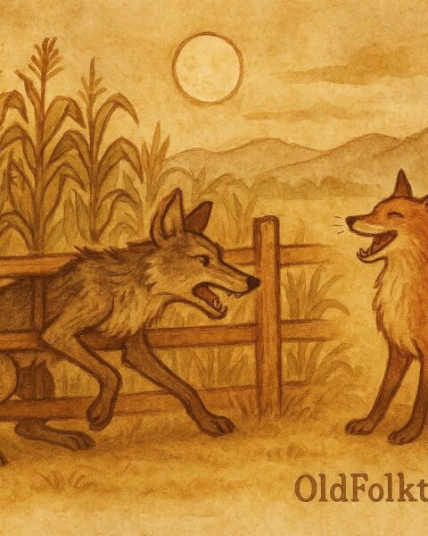 Parchment-style artwork of a coyote trapped in a cornfield while a fox laughs nearby, Guatemalan Mayan folktale.