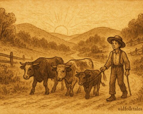 Parchment-style artwork of Jack guiding three steers on a country road, Appalachian American folktale scene.