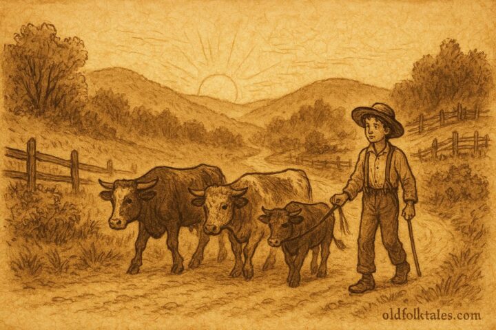 Parchment-style artwork of Jack guiding three steers on a country road, Appalachian American folktale scene.