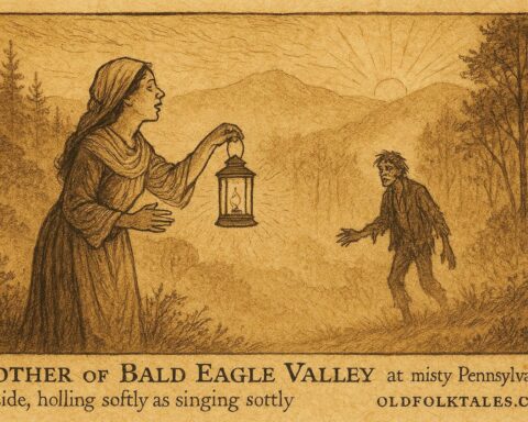 Parchment-style illustration of a mother finding her lost son on a misty Pennsylvania hillside, American folktale scene.