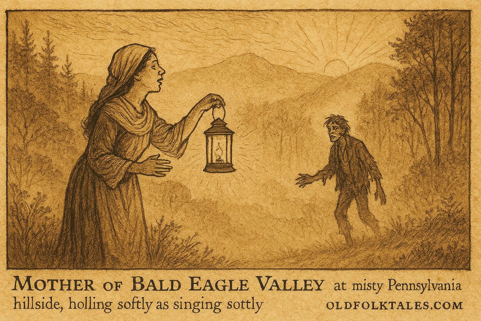 Parchment-style illustration of a mother finding her lost son on a misty Pennsylvania hillside, American folktale scene.