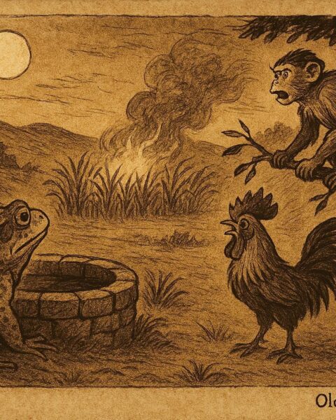 An illustration of a vigilant toad by a well at night, Afro-Cuban folktale scene.