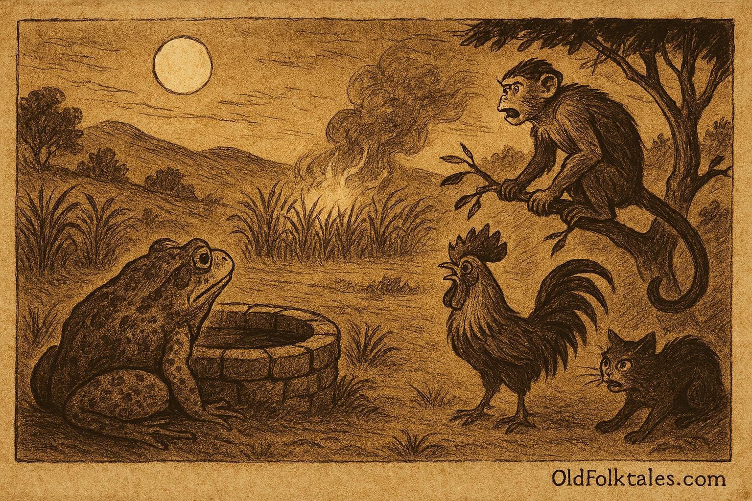 An illustration of a vigilant toad by a well at night, Afro-Cuban folktale scene.