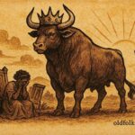 An illustration of a giant bull king facing a young warrior, Afro-Cuban folktale scene.