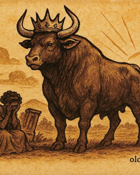 An illustration of a giant bull king facing a young warrior, Afro-Cuban folktale scene.