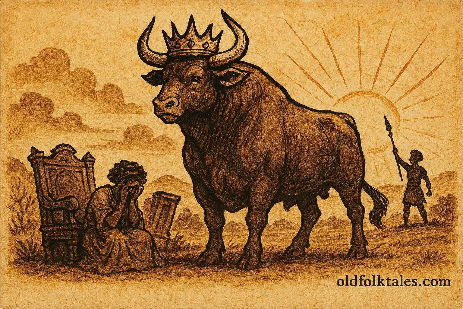 An illustration of a giant bull king facing a young warrior, Afro-Cuban folktale scene.