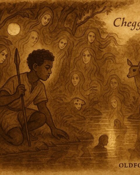 An illustration of young hunter Chéggue by a glowing forest stream, Afro-Cuban folktale scene.