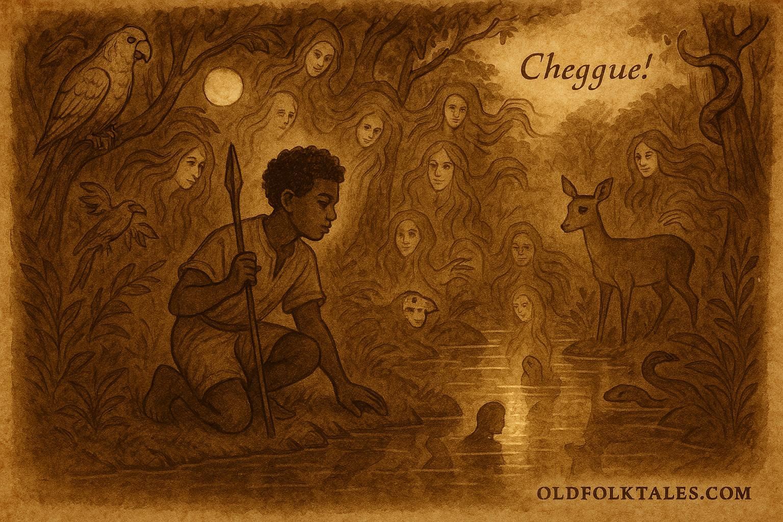 An illustration of young hunter Chéggue by a glowing forest stream, Afro-Cuban folktale scene.
