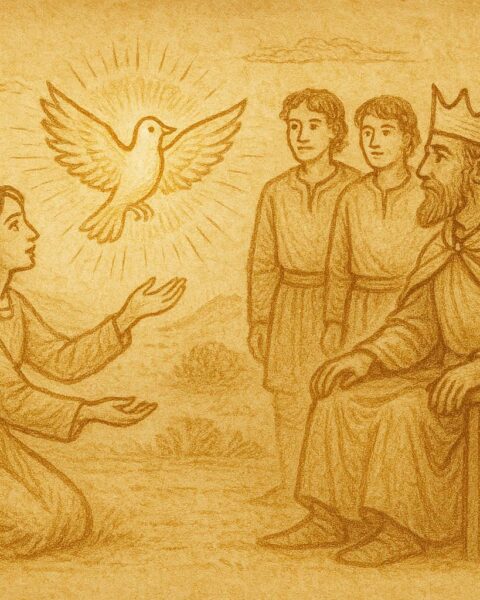 Parchment-style artwork of a glowing truth-speaking bird before a Spanish king, revealing justice.