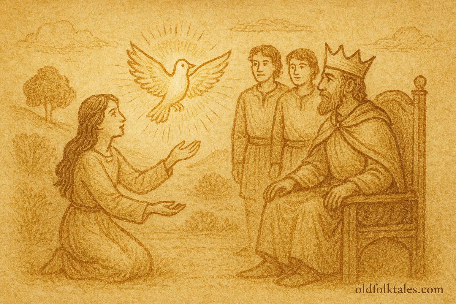 Parchment-style artwork of a glowing truth-speaking bird before a Spanish king, revealing justice.