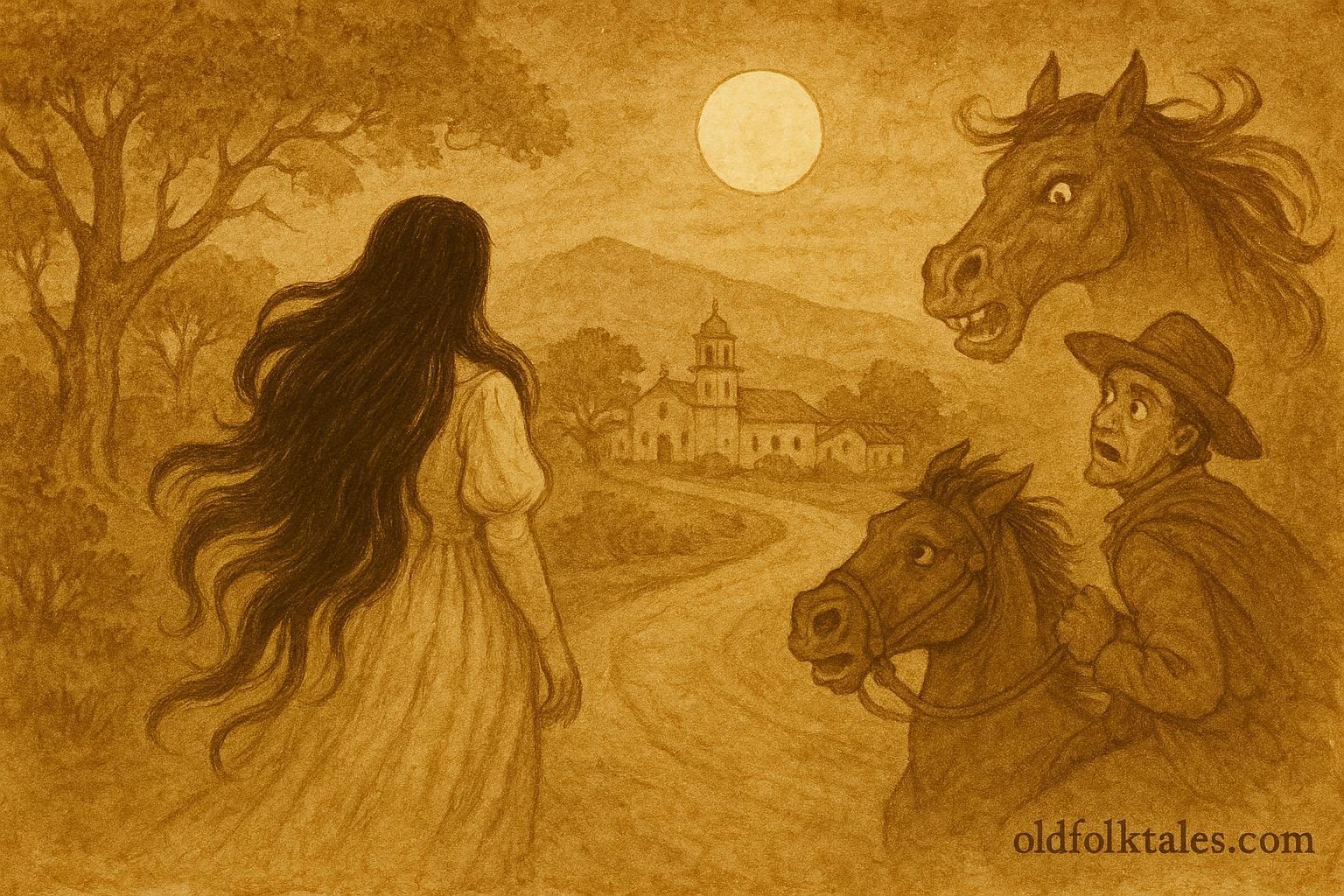 An illustration of La Segua revealing her horse face to a rider on a moonlit road, Costa Rican folktale scene.