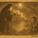 An illustration of La Tunda with her spoon foot luring a child in a moonlit Colombian mangrove forest.