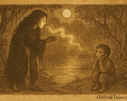 An illustration of La Tunda with her spoon foot luring a child in a moonlit Colombian mangrove forest.