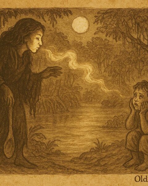 An illustration of La Tunda with her spoon foot luring a child in a moonlit Colombian mangrove forest.
