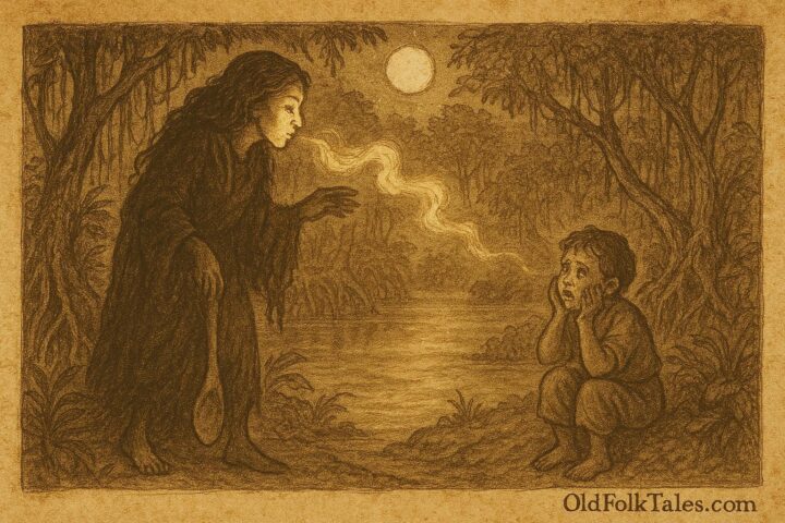 An illustration of La Tunda with her spoon foot luring a child in a moonlit Colombian mangrove forest.