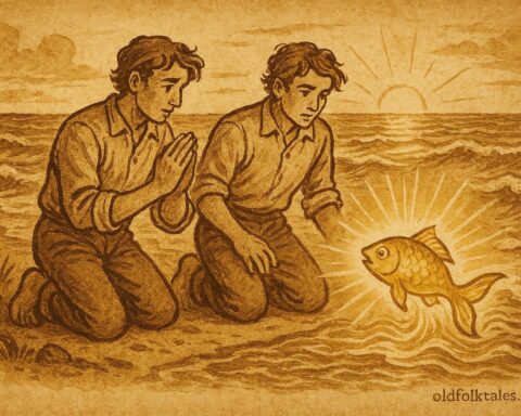 An illustration of twin brothers and golden fish by the Spanish seaside, from a Spanish folktale.