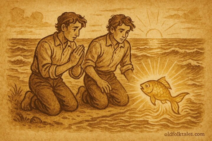 An illustration of twin brothers and golden fish by the Spanish seaside, from a Spanish folktale.