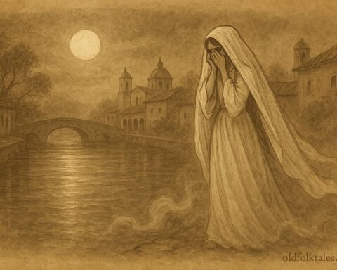 An illustration of La Llorona weeping by a moonlit canal in colonial Mexico.