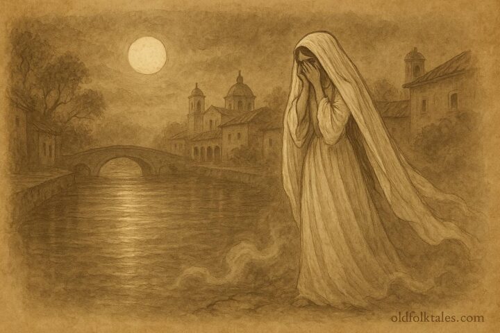 An illustration of La Llorona weeping by a moonlit canal in colonial Mexico.