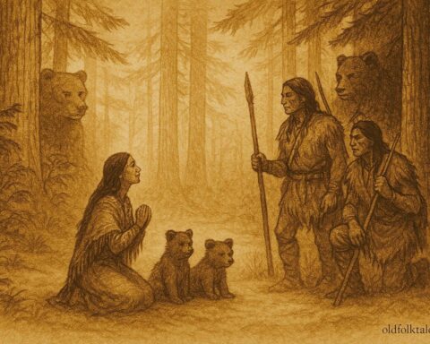 An illustration of a Tsimshian woman kneeling beside her bear cubs before hunters, Canadian folktale scene.