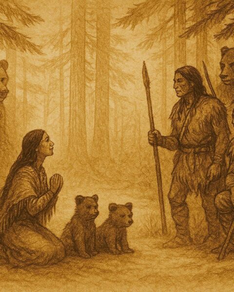 An illustration of a Tsimshian woman kneeling beside her bear cubs before hunters, Canadian folktale scene.