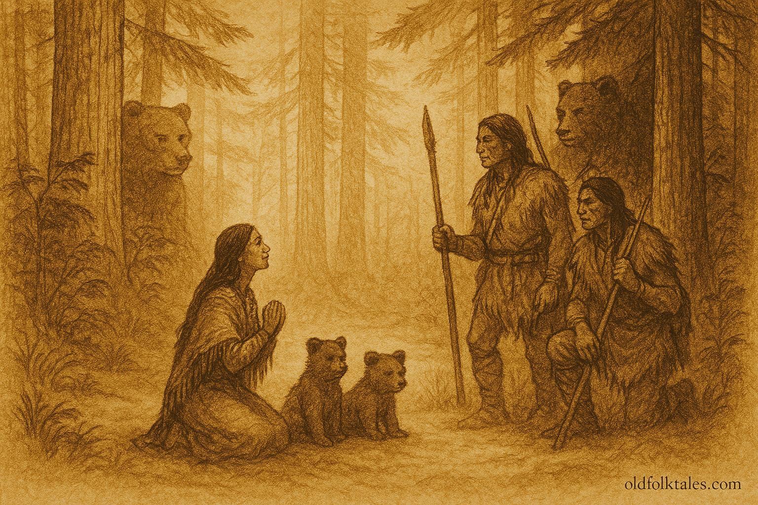 An illustration of a Tsimshian woman kneeling beside her bear cubs before hunters, Canadian folktale scene.