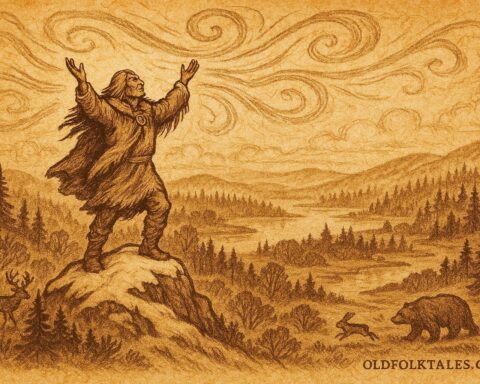 An illustration of a Cree spirit summoning the first winds from a mountain peak, Canadian folktale scene.