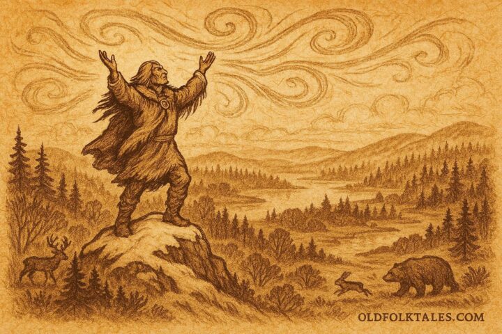 An illustration of a Cree spirit summoning the first winds from a mountain peak, Canadian folktale scene.