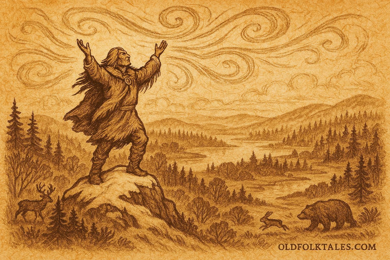 An illustration of a Cree spirit summoning the first winds from a mountain peak, Canadian folktale scene.