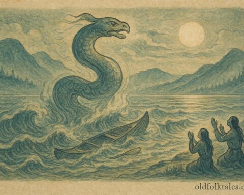 An illustration of N’ha-a-itk rising from Okanagan Lake as travelers pray on shore, Syilx Canadian folktale scene.