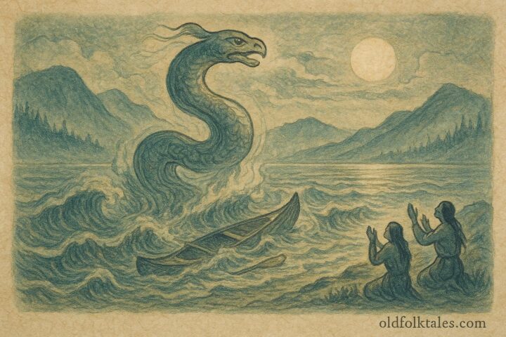 An illustration of N’ha-a-itk rising from Okanagan Lake as travelers pray on shore, Syilx Canadian folktale scene.