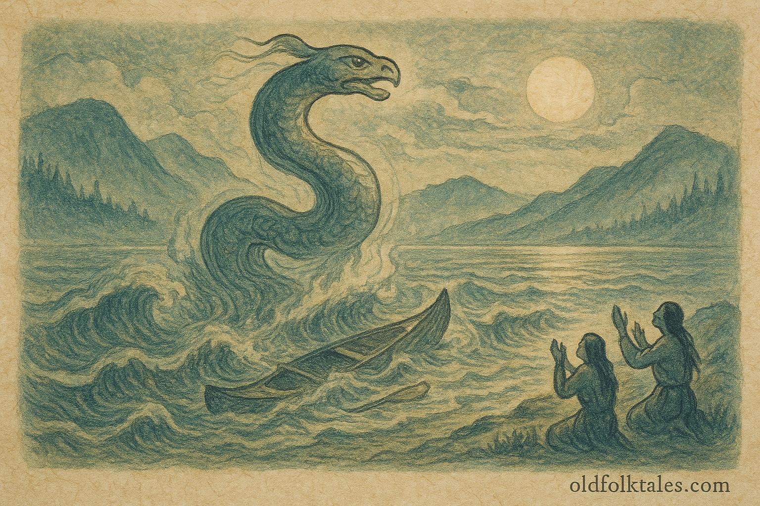 An illustration of N’ha-a-itk rising from Okanagan Lake as travelers pray on shore, Syilx Canadian folktale scene.