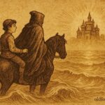 Parchment-style artwork of a Spanish youth and a sea-cloaked stranger riding over ocean waves toward a glowing golden castle.