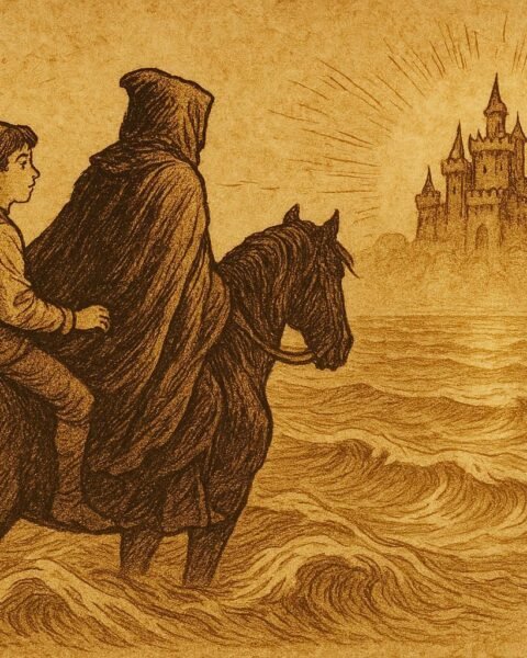 Parchment-style artwork of a Spanish youth and a sea-cloaked stranger riding over ocean waves toward a glowing golden castle.