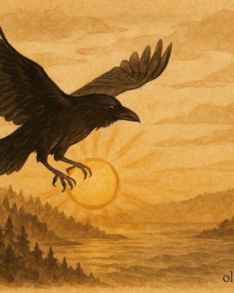 An illustration of Raven flying with the sun over forest and sea, Haida and Tlingit folktale scene.