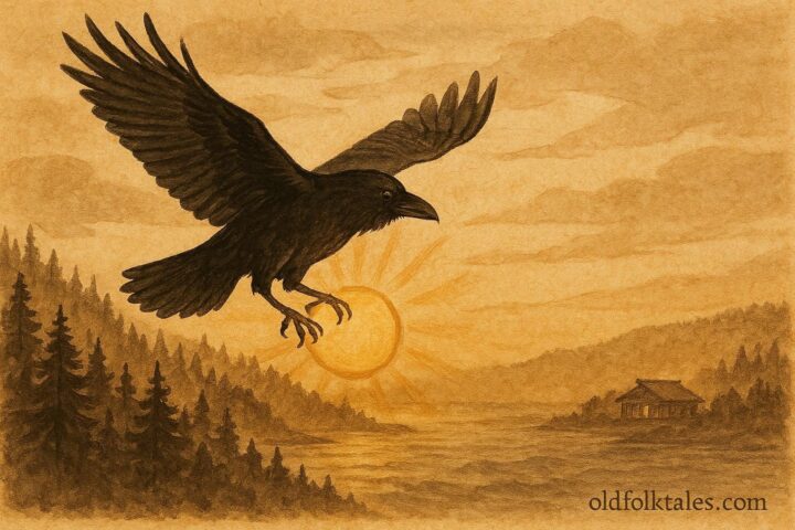An illustration of Raven flying with the sun over forest and sea, Haida and Tlingit folktale scene.