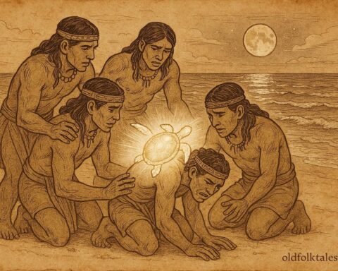 An illustration of Deminan Caracaracol and the first sea turtle, Taíno folktale from the Caribbean.