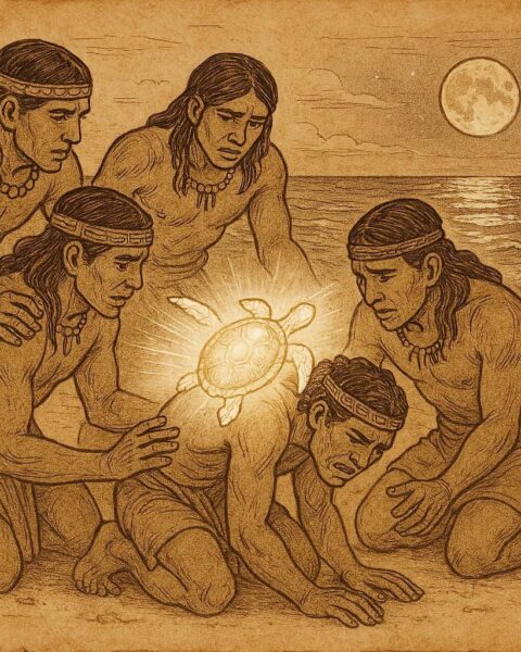 An illustration of Deminan Caracaracol and the first sea turtle, Taíno folktale from the Caribbean.