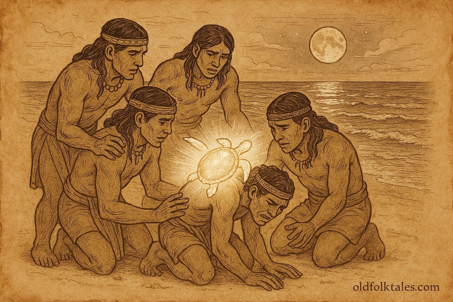 An illustration of Deminan Caracaracol and the first sea turtle, Taíno folktale from the Caribbean.