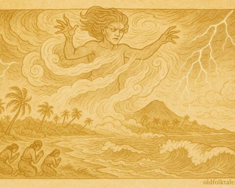 An illustration of Guabancex commanding a hurricane over the Caribbean, Taíno folktale.