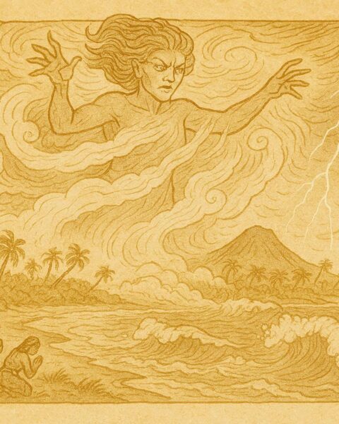 An illustration of Guabancex commanding a hurricane over the Caribbean, Taíno folktale.