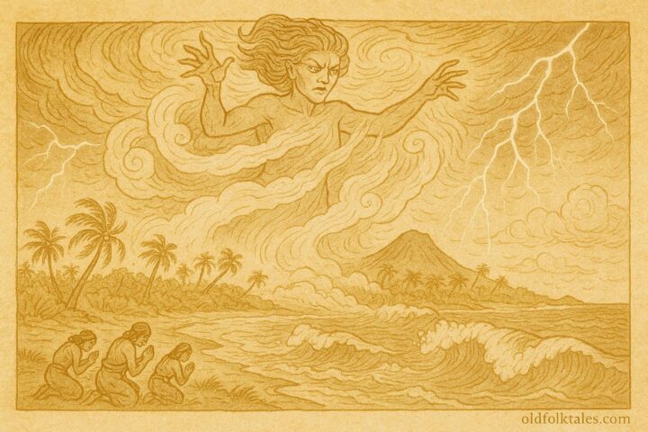 An illustration of Guabancex commanding a hurricane over the Caribbean, Taíno folktale.