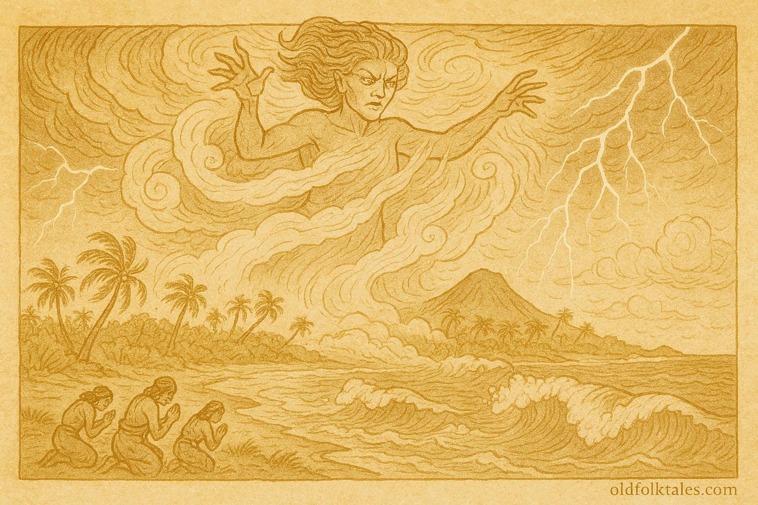 An illustration of Guabancex commanding a hurricane over the Caribbean, Taíno folktale.