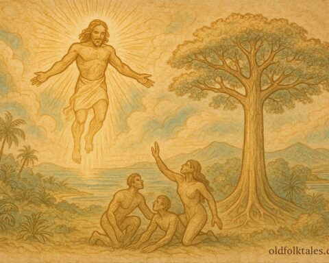 An illustration of Louquo descending from the heavens to create the first people, Taíno folktale.