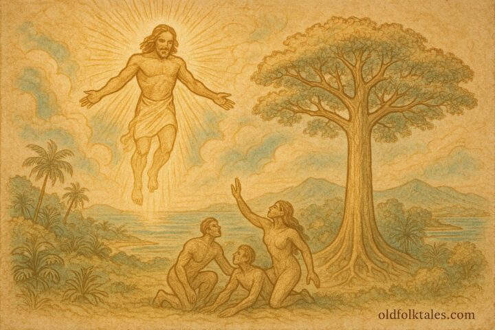 An illustration of Louquo descending from the heavens to create the first people, Taíno folktale.