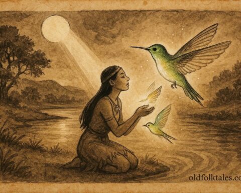 An illustration of an Arawak maiden transforming into a hummingbird under the moonlight, Lokono folktale.